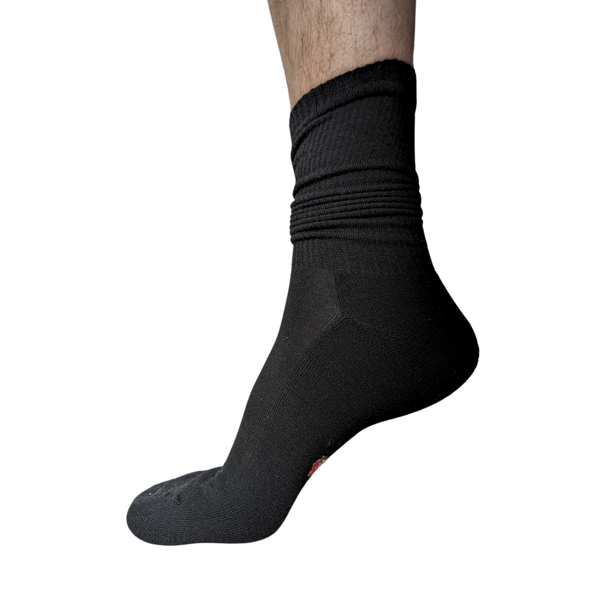 Merinovillasukka jalassa - varsi venytetty neljäsosaan säärtä.