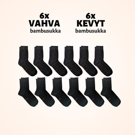 Perussetti: 6 paria vahvaa bambusukkaa ja 6 paria kevyttä bambusukkaa.