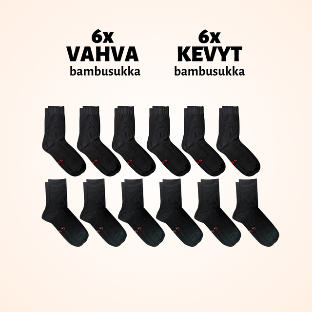 Perussetti: 6 paria vahvaa bambusukkaa ja 6 paria kevyttä bambusukkaa.