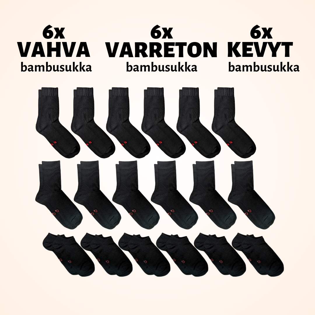 Bambusetti: 6 paria vahvaa bambusukkaa, 6 paria varretonta bambusukkaa ja 6 paria kevyttä bambusukkaa.